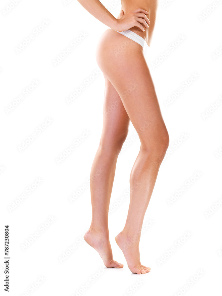 Woman, legs and body care in studio, wellness and skincare for smooth skin on white background. Female person, mockup space and cosmetics treatment or dermatology, self care and underwear for hygiene Woman, legs and body care in studio, wellness and skincare for smooth skin on white background. Female person, mockup space and cosmetics treatment or dermatology, self care and underwear for hygiene