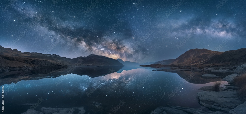 A tranquil nighttime landscape with the Milky Way reflected in a calm mountain lake
