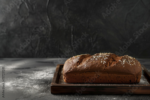 Freshly baked dark bread on a wooden tray over dark background