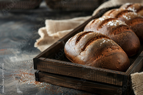 freshly baked dark bread on a wooden tray; dark background