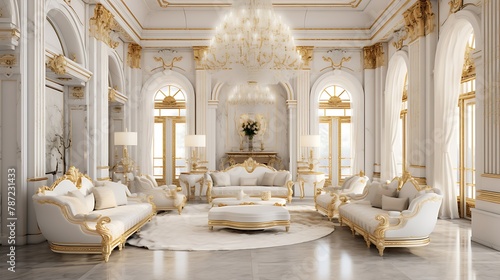 Opulent Gold and Marble Living Room: a lavish living room with gold-accented marble walls, plush white furniture, and crystal chandeliers, exuding opulence and grandeur