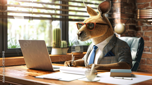 A kangaroo in professional attire sits at a desk, focused on a laptop screen, illustrating business or office work