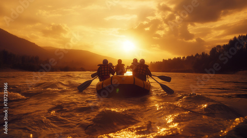 Embracing Adventure: A Group Rafting on a River Under a Breathtaking Sunset