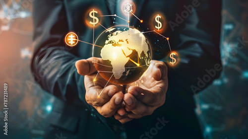 Global currency exchange and forex concept Business man hand holding world with virtual line effect and dollar yuan yen euro and pound sterling sign with copy space : Generative AI photo