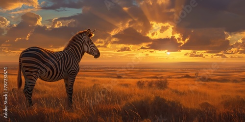 With a sunset backdrop  the image captures a lone zebra standing tall amidst the sprawling  golden savannah