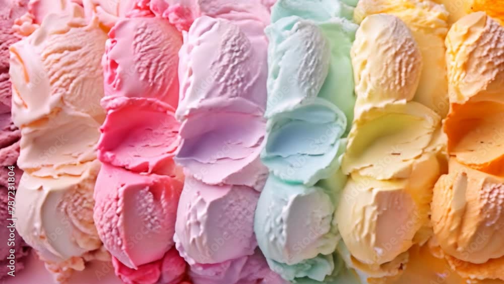 Vibrant Sherbet Ice Cream Assortment in Slow Motion. Colorful sherbet ice cream scoops in a variety of flavors, beautifully displayed. Vibrant Sherbet Ice Cream Assortment in Slow Motion. Colorful sherbet ice cream scoops in a variety of flavors, beautifully displayed.