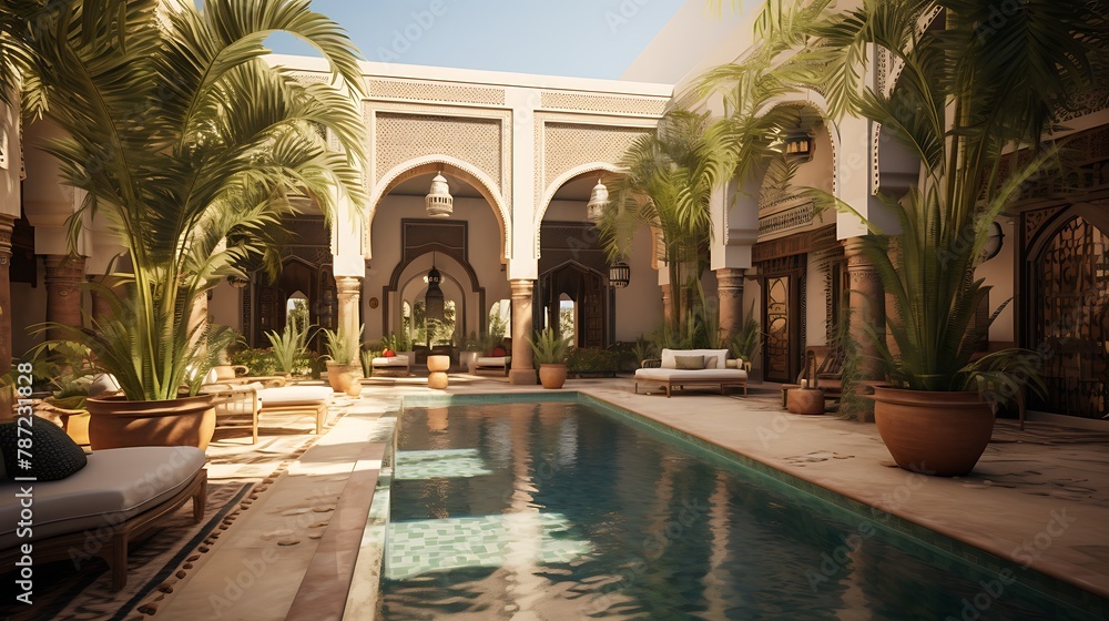 Palatial Moroccan Riad:  a palatial riad with mosaic-tiled courtyards, ornate archways, and lush gardens, capturing the essence of Moroccan architecture and opulence