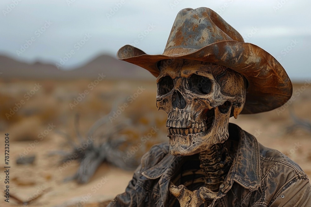 An artificially posed skeleton in cowboy attire sits in a barren landscape, conjuring themes of bygone times and adventure