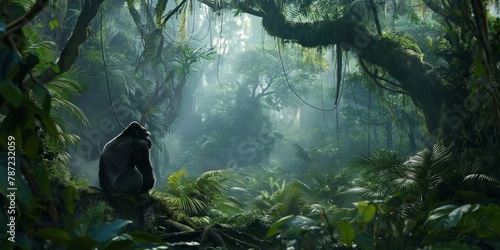 A contemplative monkey sits alone amidst the dense and lush green foliage of a tropical rainforest