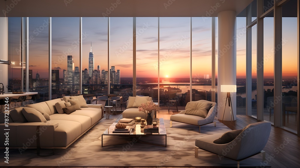 Penthouse with Skyline Views:  a luxurious penthouse apartment with floor-to-ceiling windows, panoramic views of the city skyline, and modern furnishings, offering a high-rise living experience at its