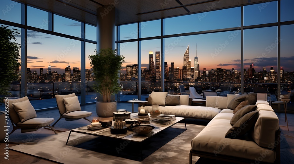 Penthouse with Skyline Views:  a luxurious penthouse apartment with floor-to-ceiling windows, panoramic views of the city skyline, and modern furnishings, offering a high-rise living experience at its