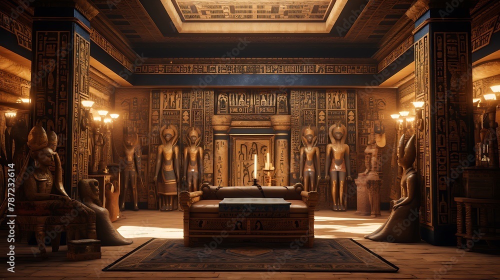 Plan an ancient Egyptian-inspired chamber with hieroglyphic-covered walls, golden accents, and an ornate sarcophagus as the centerpiece