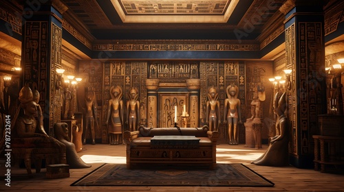 Plan an ancient Egyptian-inspired chamber with hieroglyphic-covered walls, golden accents, and an ornate sarcophagus as the centerpiece photo
