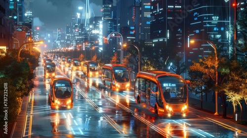 An illustration of a visionary transportation ecosystem with self-driving buses and adaptive traffic control solutions photo