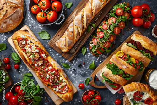 A vibrant culinary display of bruschetta varieties alongside fresh produce and sweets in a market setting