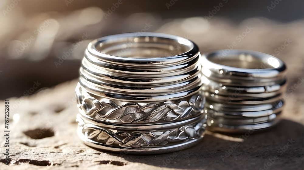 : A stack of silver rings glinting in the sunlight : A stack of silver rings glinting in the sunlight