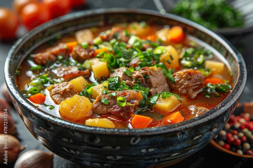 A close-up, vibrant image of a hearty beef stew with colorful vegetables, perfect for a warm meal