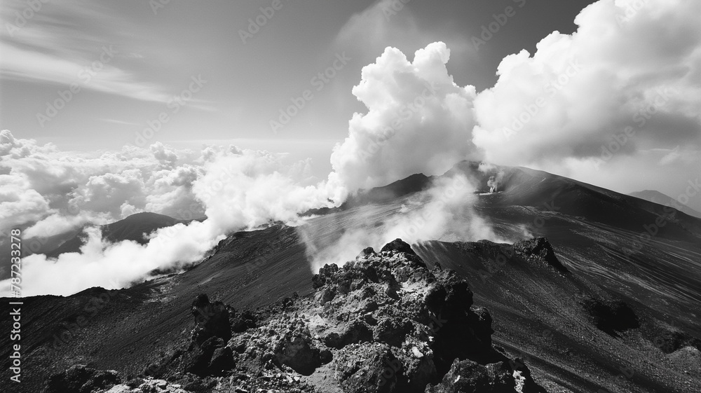 Fototapeta premium Mountain image captured in black and white tones. Mountain surrounded by rocks and cloudy sky. Landscape photography. Gloomy and depressing image of mountains and sky.