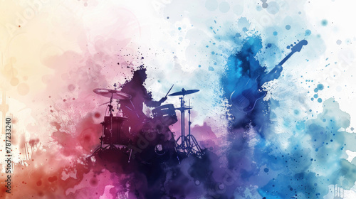 A painting depicting a drum player passionately performing amidst a vibrant and colorful background, showcasing energy and rhythm © sommersby
