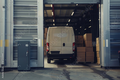 Delivery van loaded with cardboard boxes at logistics warehouse. Truck delivering boxes, online orders, purchases, e-commerce goods