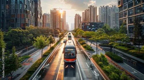 A modern urban environment with self-driving buses and adaptive traffic control strategies leading to smoother and safer commuting photo