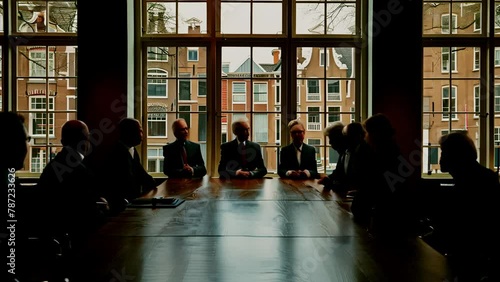 Businessman in meeting room with big windows. Silhouettes of businessmen working together and discussing issues. Sunlit office. Big city. Concept of teamwork and decision making. Dutch view, Conferenc photo