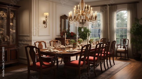 Plan a classic colonial dining room with mahogany accents and brass chandeliers
