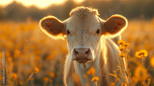 Embrace rural serenity with a single cow basking in the golden countryside light photo