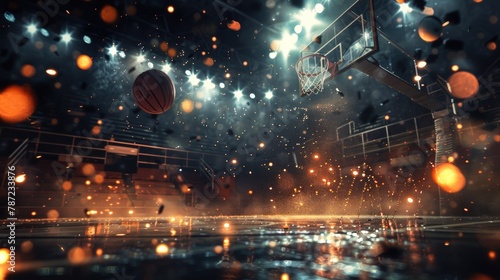 A basketball court with the ball flying towards the hole. Generate AI image © Ashalina