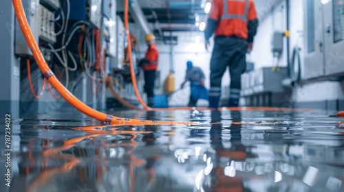 Maintenance workers dealing with a flooded electrical room by cleaning out deep water