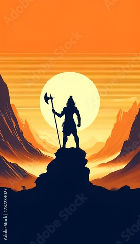 Illustration for parshuram jayanti with a silhouette of lord parshuram with axe. 