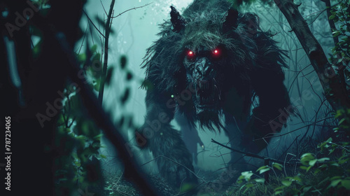 A monstrous creature with glowing red eyes lurking in a dark, eerie forest photo