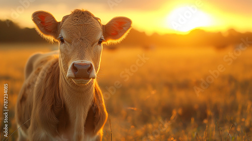 Embrace rural serenity with a single cow basking in the golden countryside light