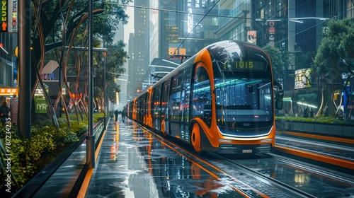 A glimpse into a future urban environment where self-driving buses and integrated traffic management systems revolutionize transportation