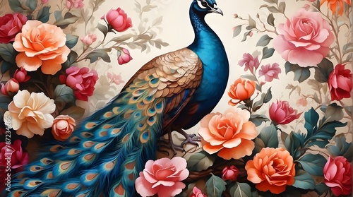lovely wall paper, a painting of a peacock with flowers on it, A graceful peacock flaunted its vibrant feathers.  © Ali Khan