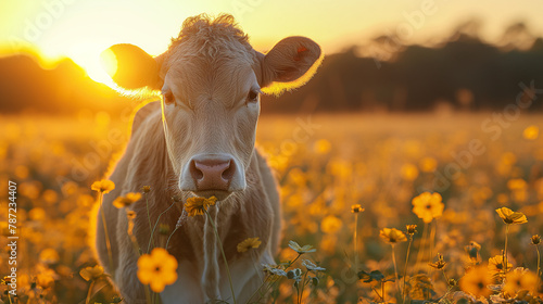 Embrace rural serenity with a single cow basking in the golden countryside light