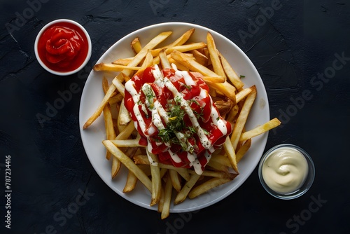 Crispy fries with tomato sauce and mayonnaise in foodgraphy photo