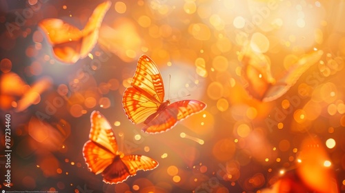 Orange butterflies in brilliant flight, their delicate wings illuminated by a soft luminous light as they gracefully flutter through the air © AlfaSmart