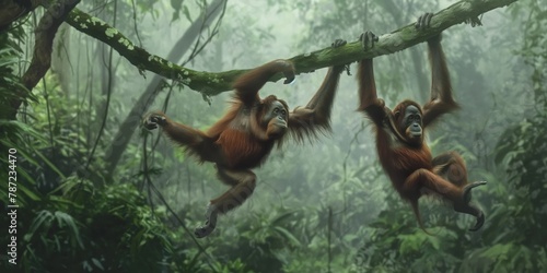 Two orangutans swing from tree branches in a foggy, dense jungle, exhibiting the freedom of wildlife in its natural habitat