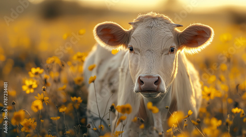 Embrace rural serenity with a single cow basking in the golden countryside light