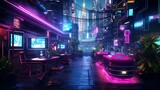 Plan a cyberpunk hacker's den with neon lights, glowing LED displays, and a chaotic mix of retro and futuristic technology