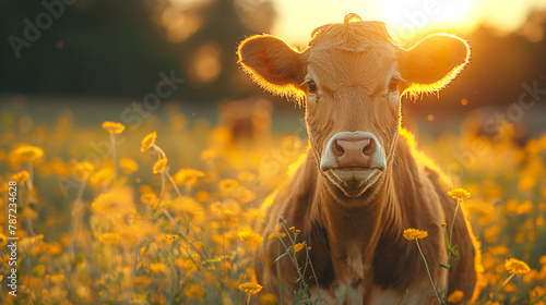 Embrace rural serenity with a single cow basking in the golden countryside light