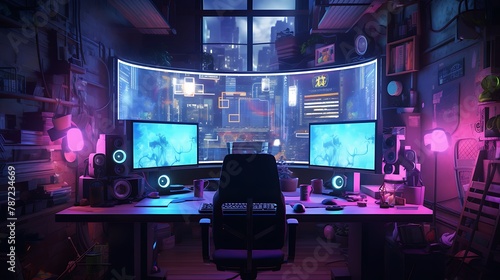 Plan a cyberpunk hacker's den with neon lights, glowing LED displays, and a chaotic mix of retro and futuristic technology photo