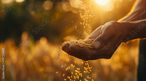 Close-up of hands carefully throwing a handful of wheat grains into the soil photo