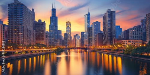 A majestic capture of the Chicago skyline mirroring over the calm river water as dusk sets in