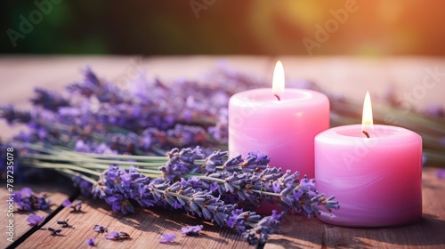aromatic candle surrounded by fresh lavender sprigs