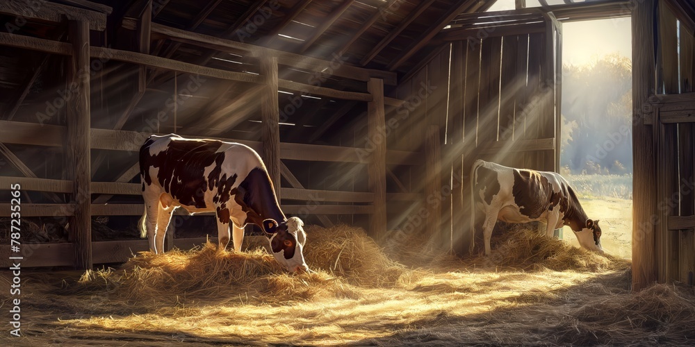 Fototapeta premium A serene scene inside a rustic barn with two cows surrounded by golden morning light and straw