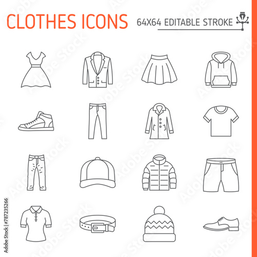 Clothes line icon set  garment vector collection  logo illustrations  clothing symbols vector icons  outline style pictogram pack  editable stroke icons.