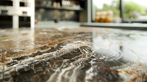 A detailed close-up view of a marble countertop, showcasing intricate patterns and textures