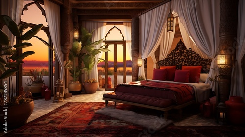 Plan a serene Moroccan riad bedroom with a canopy bed, ornate metal lanterns, and vibrant textiles in rich, warm colors